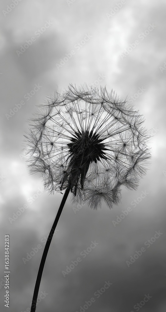 Fototapeta premium Silhouetted dandelion seedhead against a cloudy sky