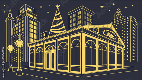 Illustration of a building with a christmas tree on top in a city skyline at night time