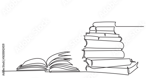Continuous line drawing of an open book and stack of books for knowledge.Line art open book with pages fanning out, wisdom, knowledge, education, literature, and creativity in a clean, library concept