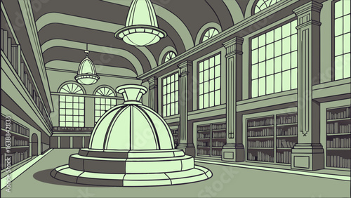 Illustration of a large library interior with bookshelves and dome shaped structure center stage