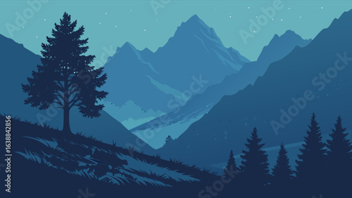 A serene landscape featuring a lone tree silhouetted against a backdrop of layered blue mountains