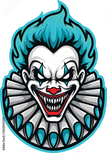 A menacing vector illustration of a scary clown head with spiky cyan hair, sharp teeth, and a wide, sinister grin.