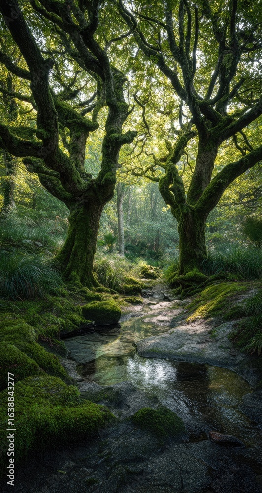 Obraz premium Sunlight filtering through ancient trees, moss-covered path