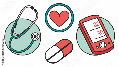 Medical healthcare icons set stethoscope heart pill and digital device for health and wellness checkup