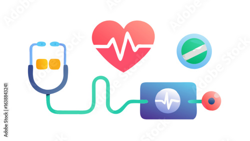 Medical equipment and healthcare concept with heart rate monitor and stethoscope for health check up design