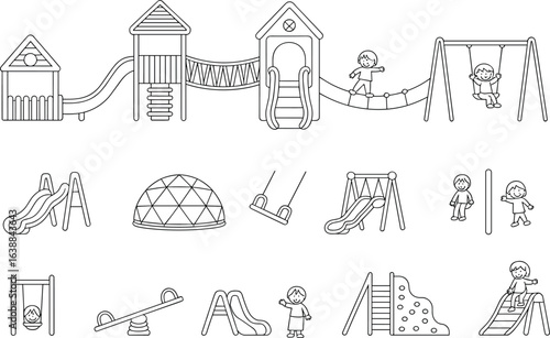 Playground equipment illustration, children playing outdoors, slides and swings, seesaw fun, climbing structures, colorful vector, recreation clipart set