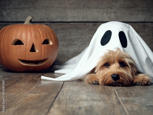 Halloween fun dog in ghost costume with pumpkin indoor setting pet photography festive vibes