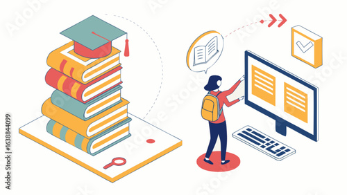 Online education and learning resources for students with books and computer for distance learning course