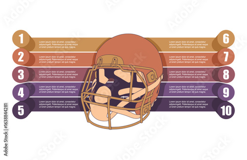 American football helmet with ten features or option of project to select. Minimal infographic illustration for business and sport information visualization.