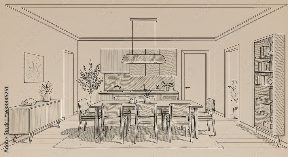 Fototapeta premium Sketch of Modern Dining Room with Integrated Kitchenette and Built-in Bookshelf