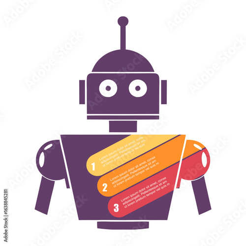 AI technology concept. Artificial intelligence in science and business, smart machine. Cartoon electronic robotic humanoid machine. Infographic elements for branding. Three horizontal elements text