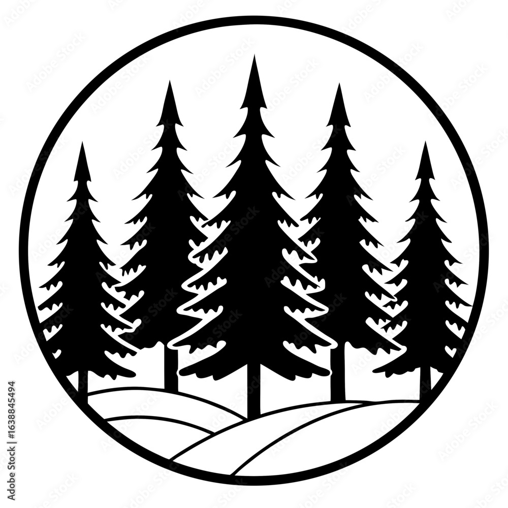 Obraz premium Black & White Forest Line Art Minimal Nature Logo Vector Design