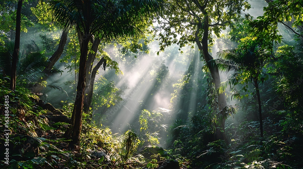 Obraz premium Sunlight Streaming Through Dense Forest Canopy with Green Foliage