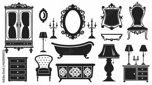 Illustration of antique furniture including mirrors lamps chairs and storage units in black silhouette