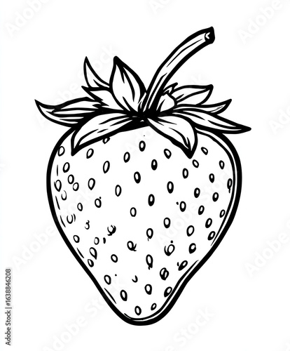 Detailed black and white line drawing of a strawberry.  The strawberry is depicted in a realistic style, with visible seeds, leaves, and stem.  Intricate line work creates texture and depth