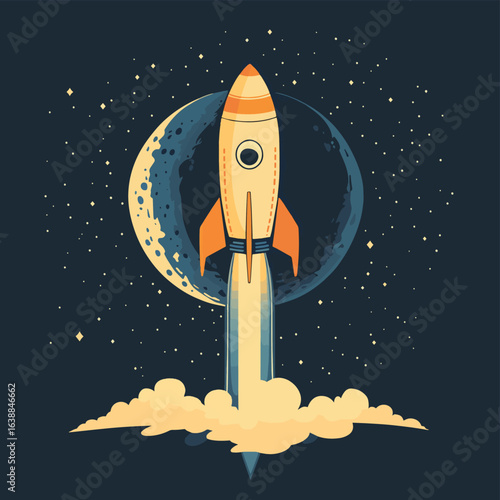 rocket flying around the moon, vector style simple color