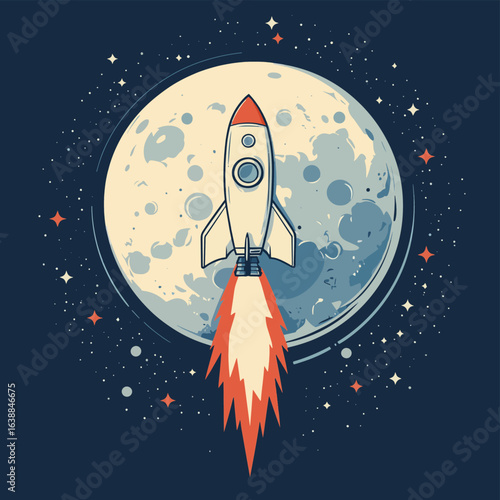 rocket flying around the moon, vector style simple color