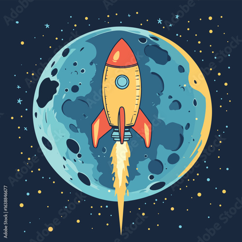 rocket flying around the moon, vector style simple color