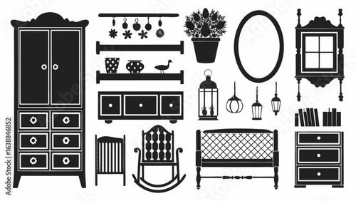 Illustration of furniture and decor items including a wardrobe, shelves, and a rocking chair set silhouette