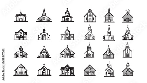 Temple line icons. Contains linear symbols, such as faith, buildings, synagogues, religion, and more. Collection of church icons. Web icon pack.