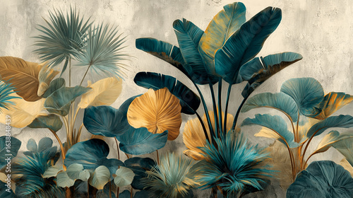 Create a tropical botanical composition that blends ultra-realistic banana leaves with artistic, stylized palm fronds. The banana leaves should have rich, deep greens with natural shadows and subtle y