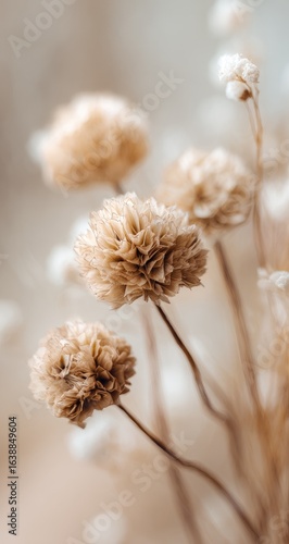 Delicate, dried beige blossoms in soft focus,  with light beige and white background