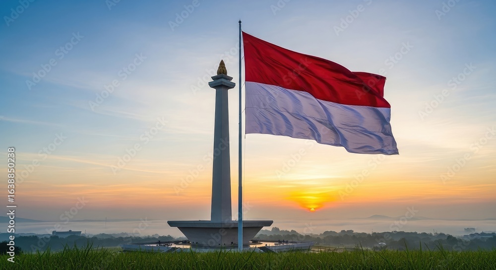 Fototapeta premium National flag over monument sunrise