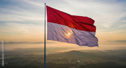National flag waving in sunrise mist