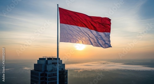 National flag waving over city skyline