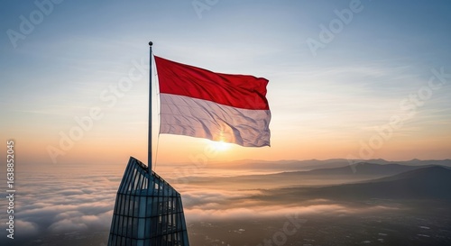 National flag waving over city sunrise