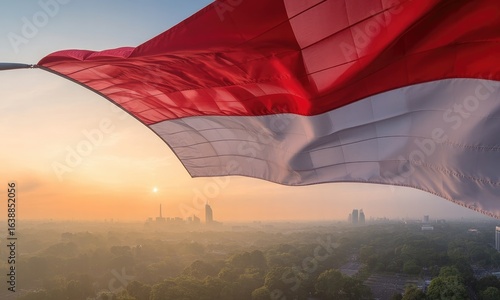 National flag waving over city