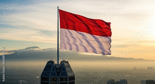 National flag waving over cityscape