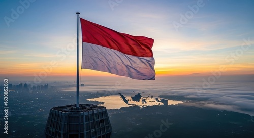 National flag waving over cityscape at sunrise