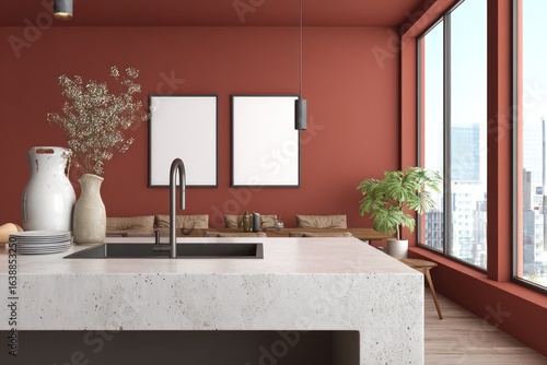 Modern kitchen interior with city views