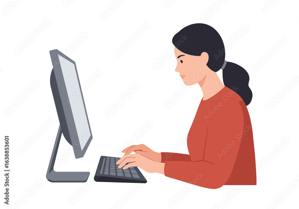 Naklejka premium Woman Typing on Keyboard, Working at Computer, Office Environment