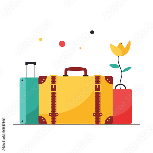 Vintage luggage collection with blooming plant and colorful elements for travel