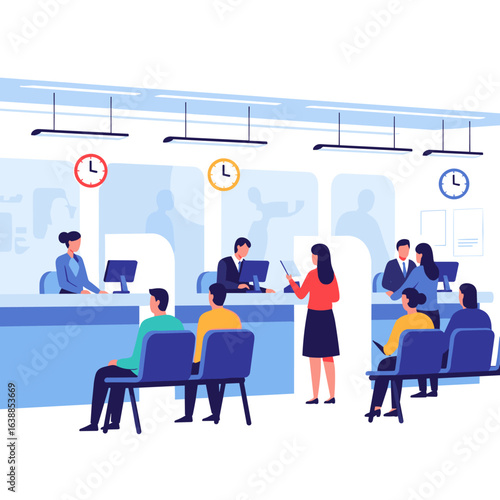 People waiting in line at a bank counter for customer service