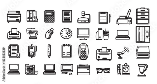 Office and coworking linear icons collection. Large set of black thin line icons. Office and coworking black icons. Vector illustration.