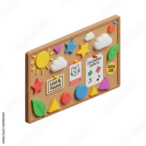 A colorful bulletin board with various shapes and images, including a sun, clouds, stars, and notes, displayed in an isometric view.