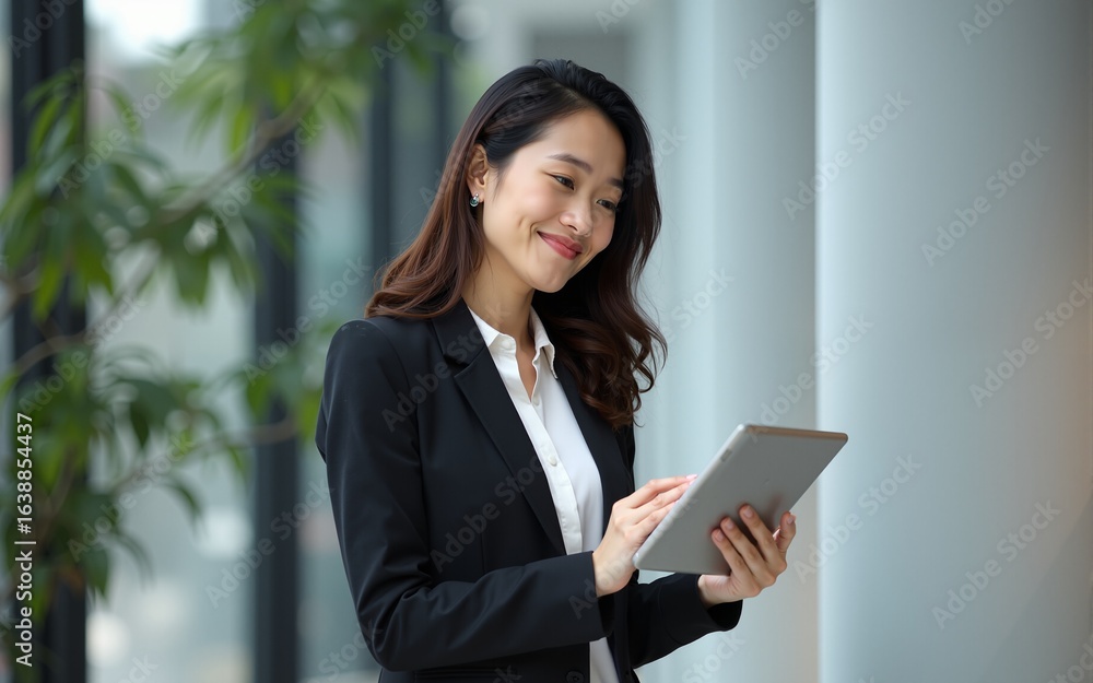 Fototapeta premium Asian mature woman ceo analyst manager using tablet for business work. Smiling entrepreneur businesswoman leader in formal clothes holding touchscreen pc device in office. Vertical portrait at camera