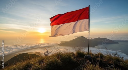National flag waving over sunrise landscape