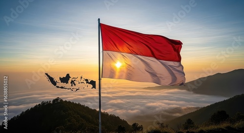 National flag waving over sunrise landscape