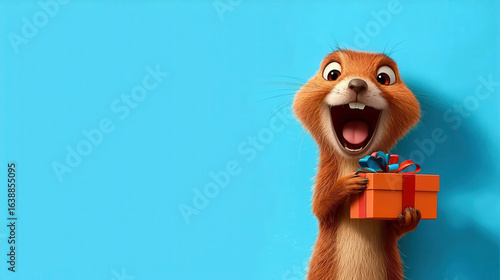 Happy Cartoon Animal Holding Gift on Bright Blue Background