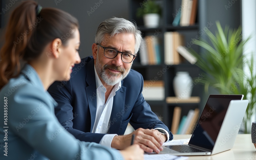 Fototapeta premium Mature 50s age Latin business man mentoring mid age European business woman discussing project on laptop in office. Two colleagues, group of partners, professional business people working together.