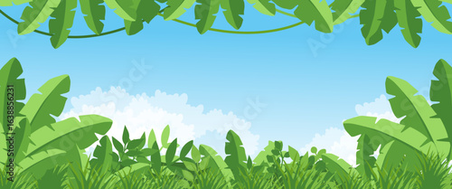 Jungle vector forest silhouette landscape, blue and orange tropical nature background, a frame of tropical leaves around a white empty space. Layout of a frame made of tropical elements for your text,