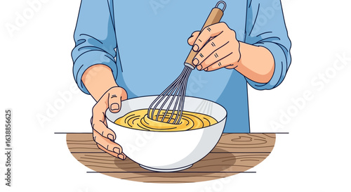 Hands mixing ingredients in a bowl with a whisk – flat illustration, vibrant kitchen colors