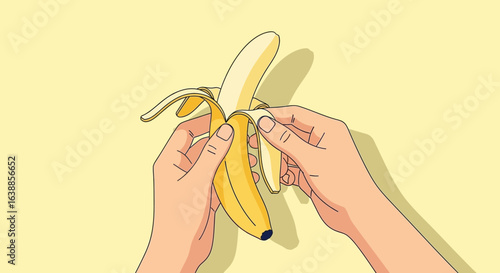 ands peeling a banana – flat vector, soft yellow tones