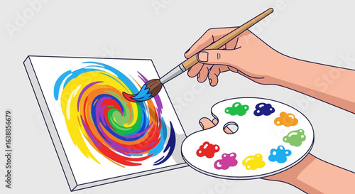 Hands holding a paintbrush painting on a canvas – flat vector, colorful palette