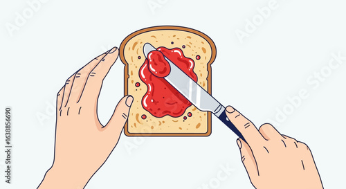 Hands spreading jam on bread with a knife – flat illustration, breakfast scene