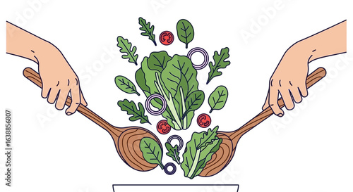 Flat vector illustration of hands tossing salad with wooden spoons, fresh greens